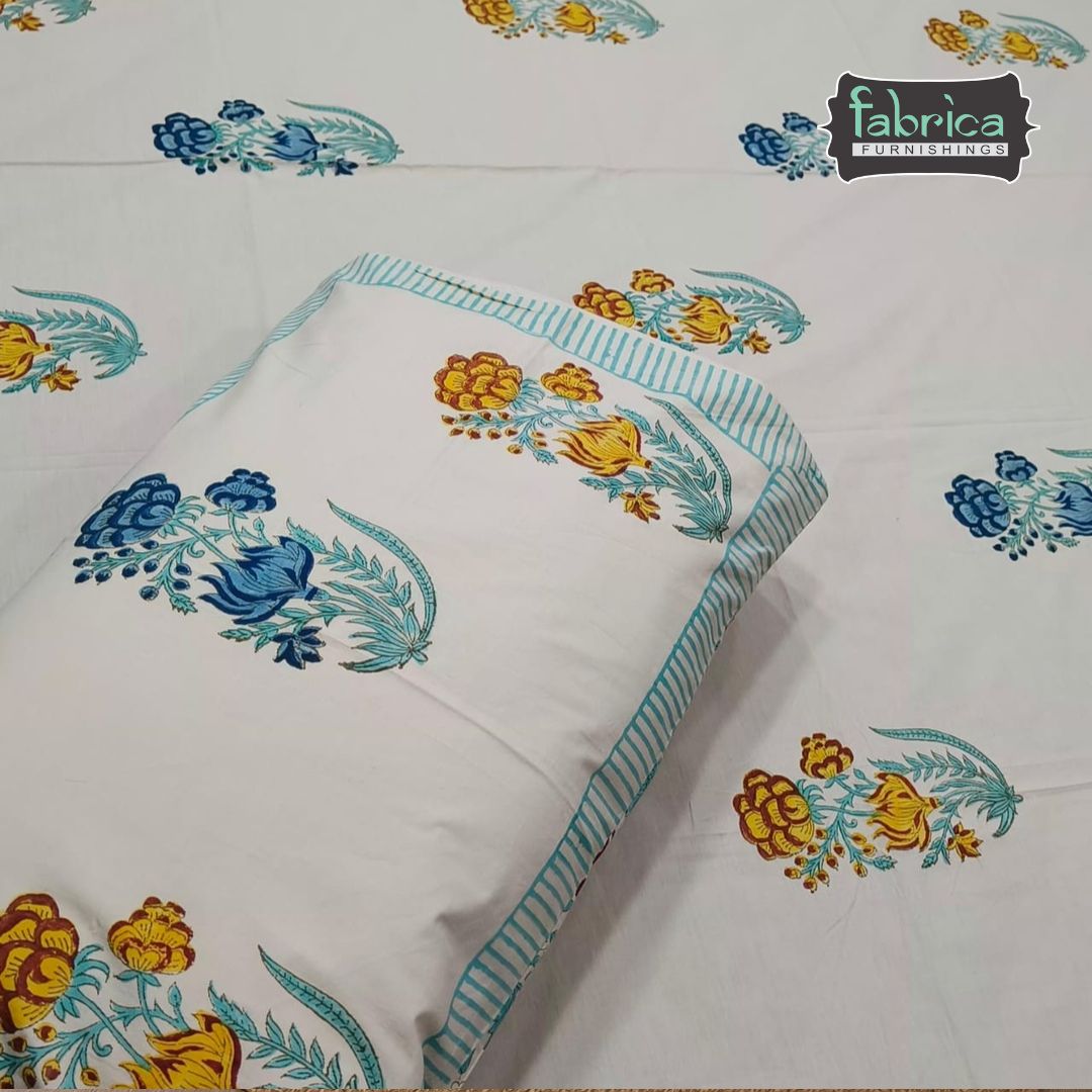 Percale Premium Floral Hand Block Printed Super King-Size Cotton Bedsheet