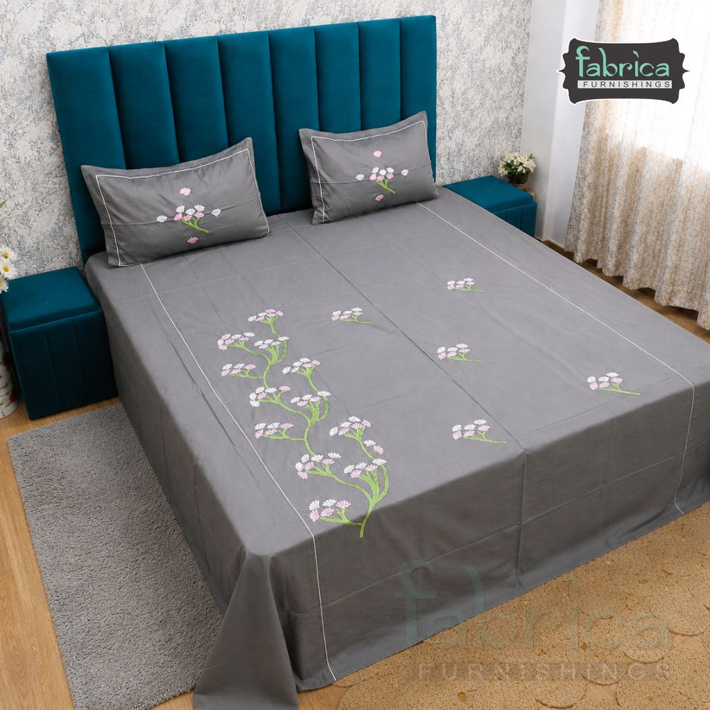 Fabrica Elegant Grey Floral Embroidered Cotton King Size Bedsheet