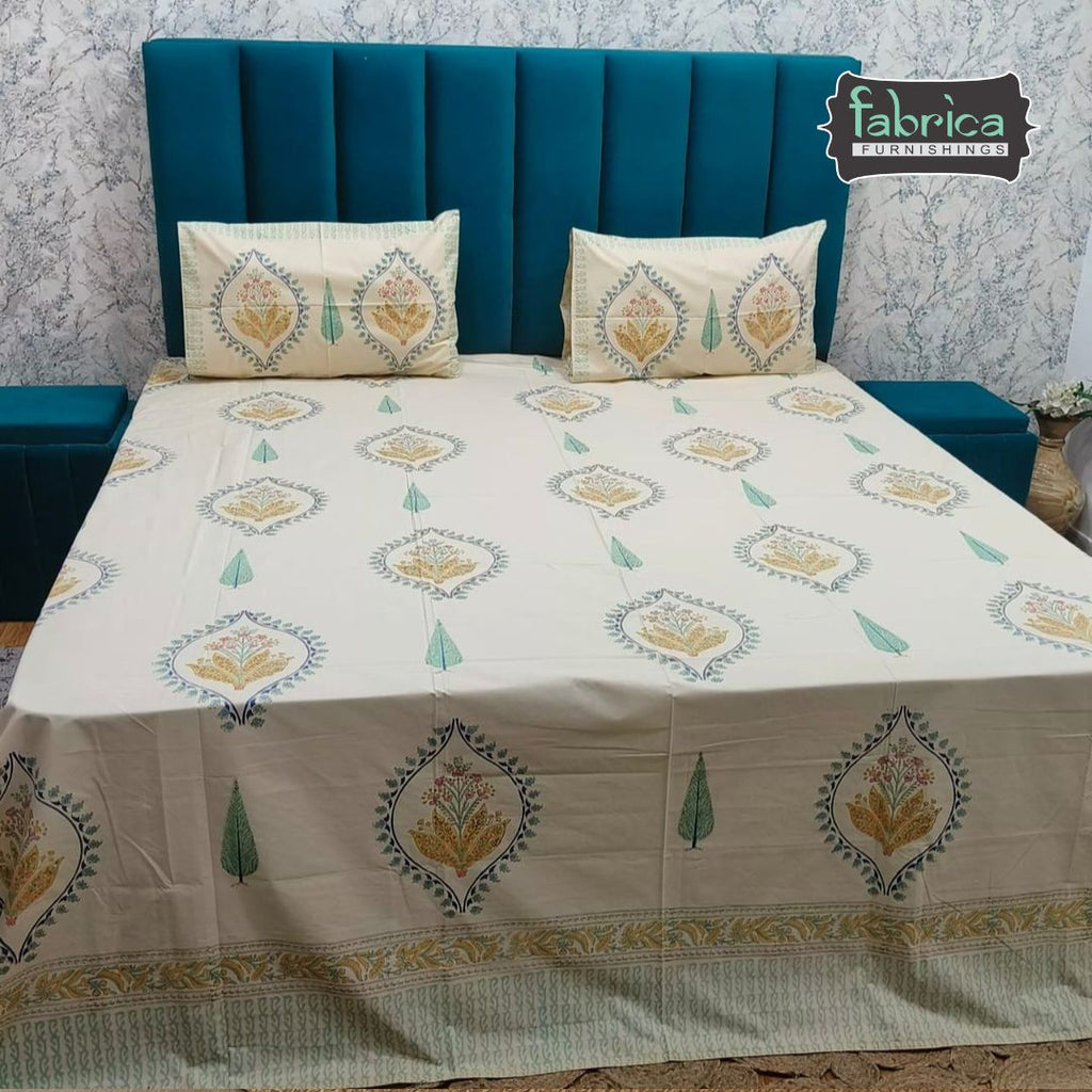 Percale Premium Floral Motif Hand Block Printed Super King-Size Cotton Bedsheet