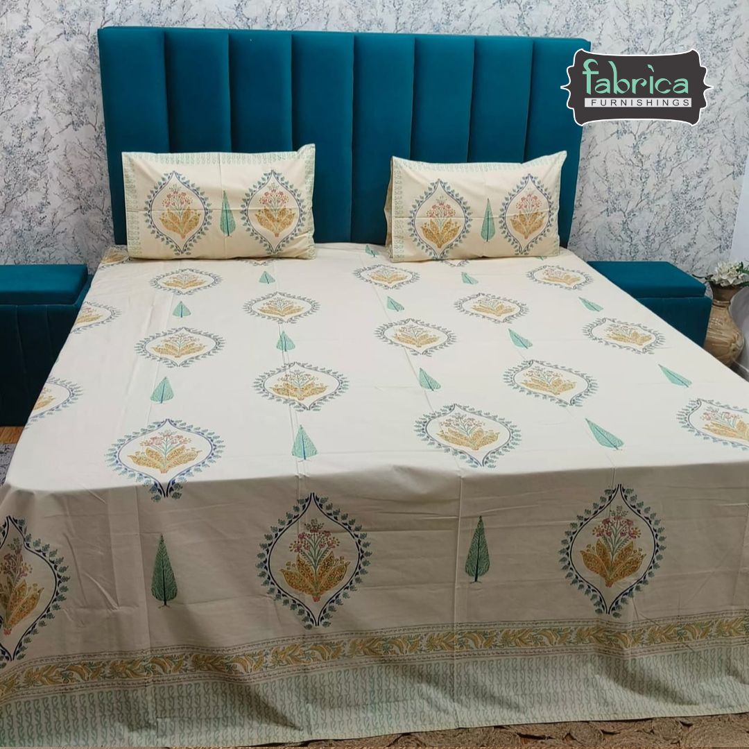 Percale Premium Floral Motif Hand Block Printed Super King-Size Cotton Bedsheet