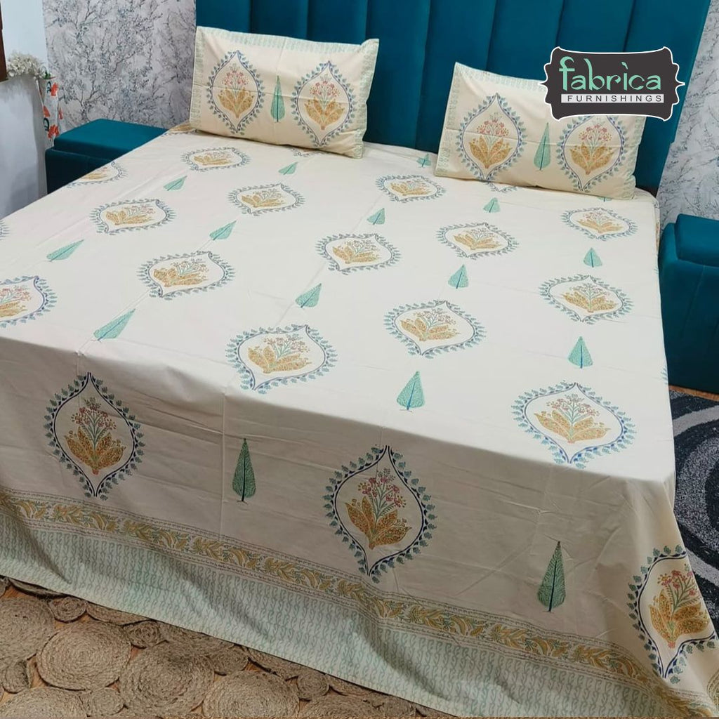 Percale Premium Floral Motif Hand Block Printed Super King-Size Cotton Bedsheet