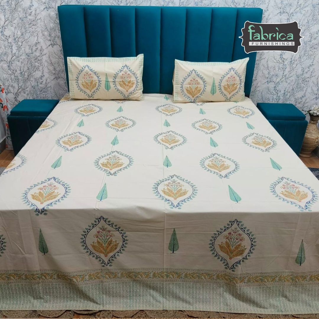 Percale Premium Floral Motif Hand Block Printed Super King-Size Cotton Bedsheet