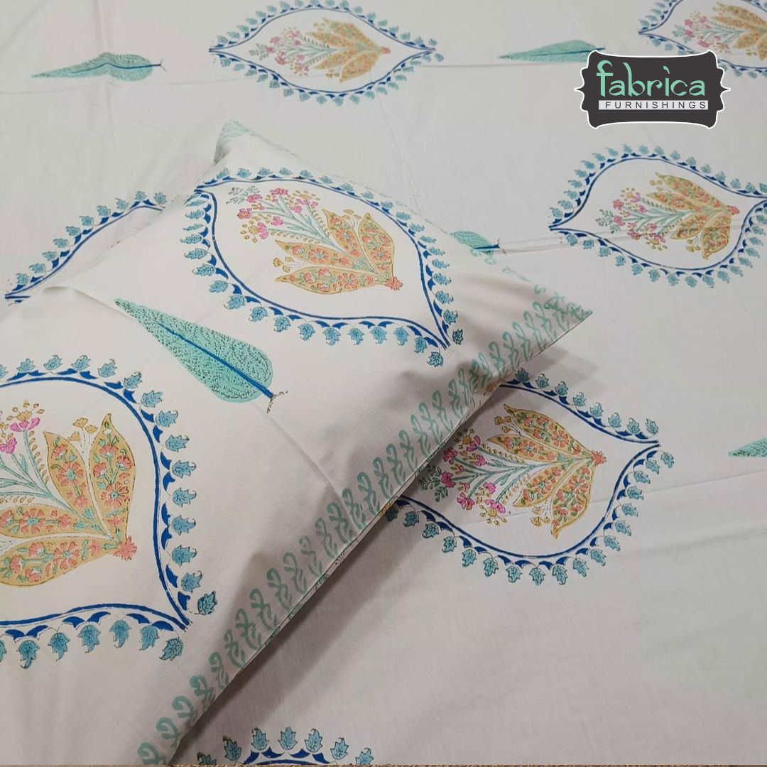 Percale Premium Floral Motif Hand Block Printed Super King-Size Cotton Bedsheet