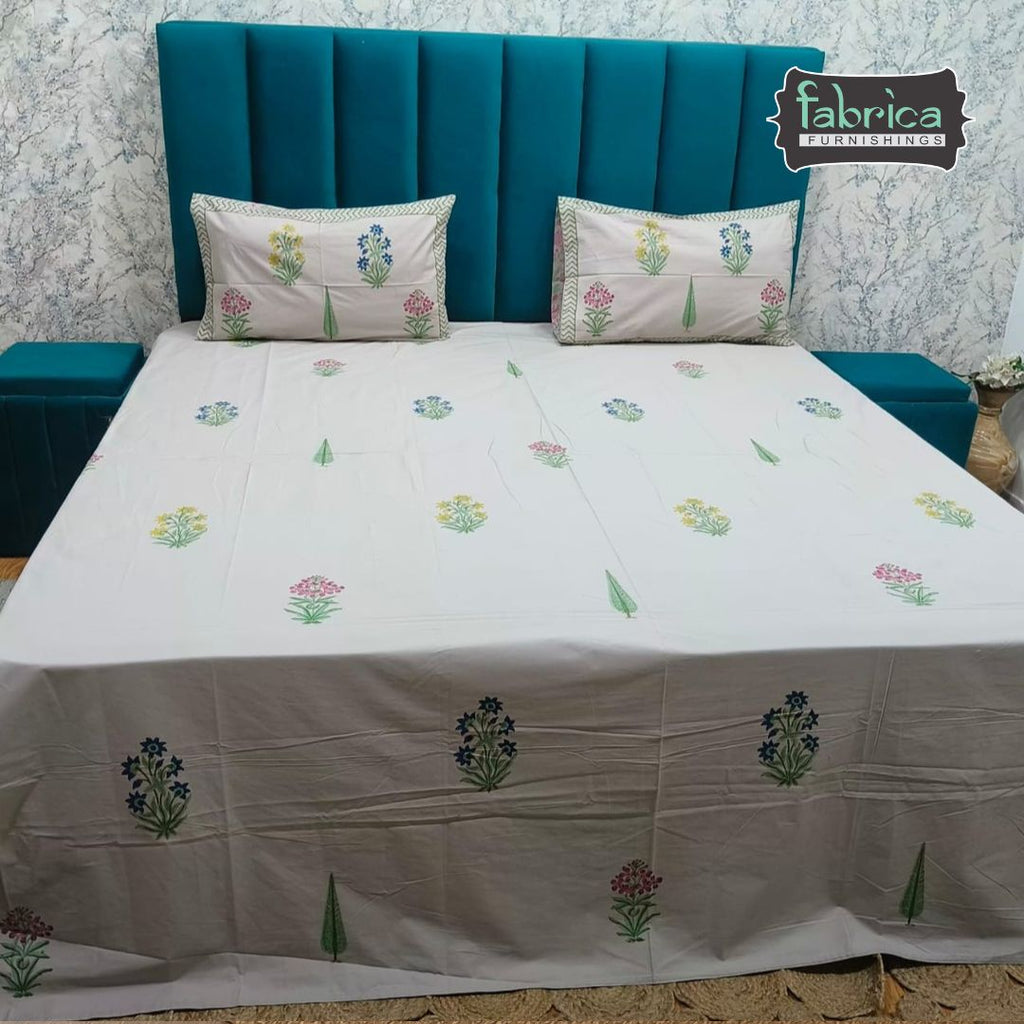 Percale Premium Floral Hand Block Printed Super King-Size Cotton Bedsheet