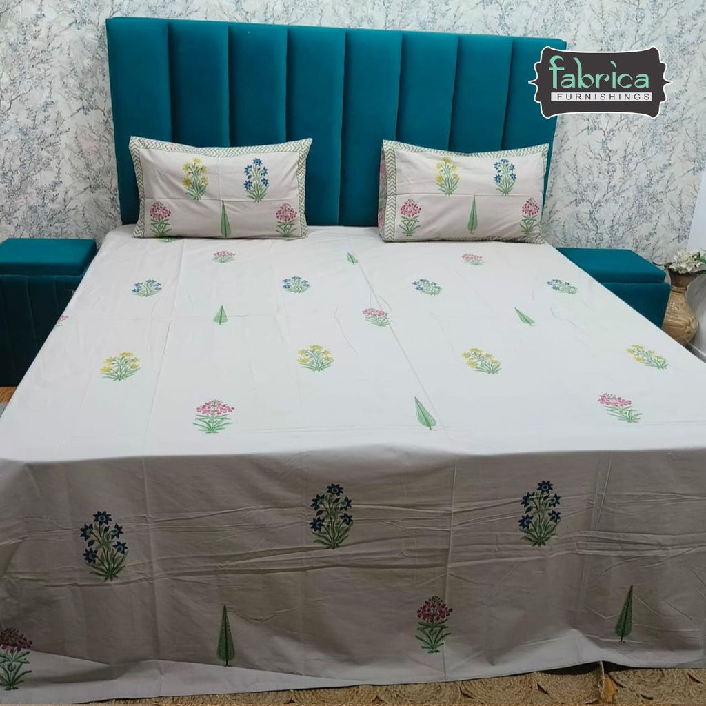 Percale Premium Floral Hand Block Printed Super King-Size Cotton Bedsheet