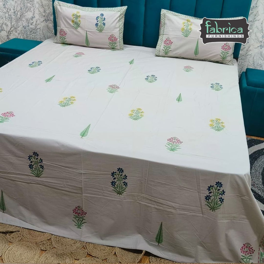 Percale Premium Floral Hand Block Printed Super King-Size Cotton Bedsheet
