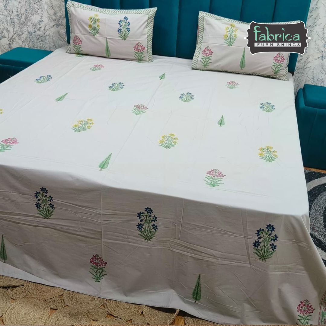 Percale Premium Floral Hand Block Printed Super King-Size Cotton Bedsheet