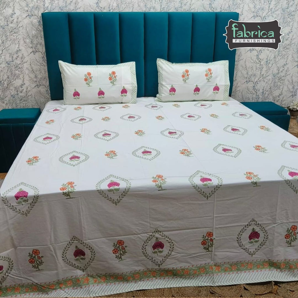 Percale Premium Floral Motif Hand Block Printed Super King-Size Cotton Bedsheet