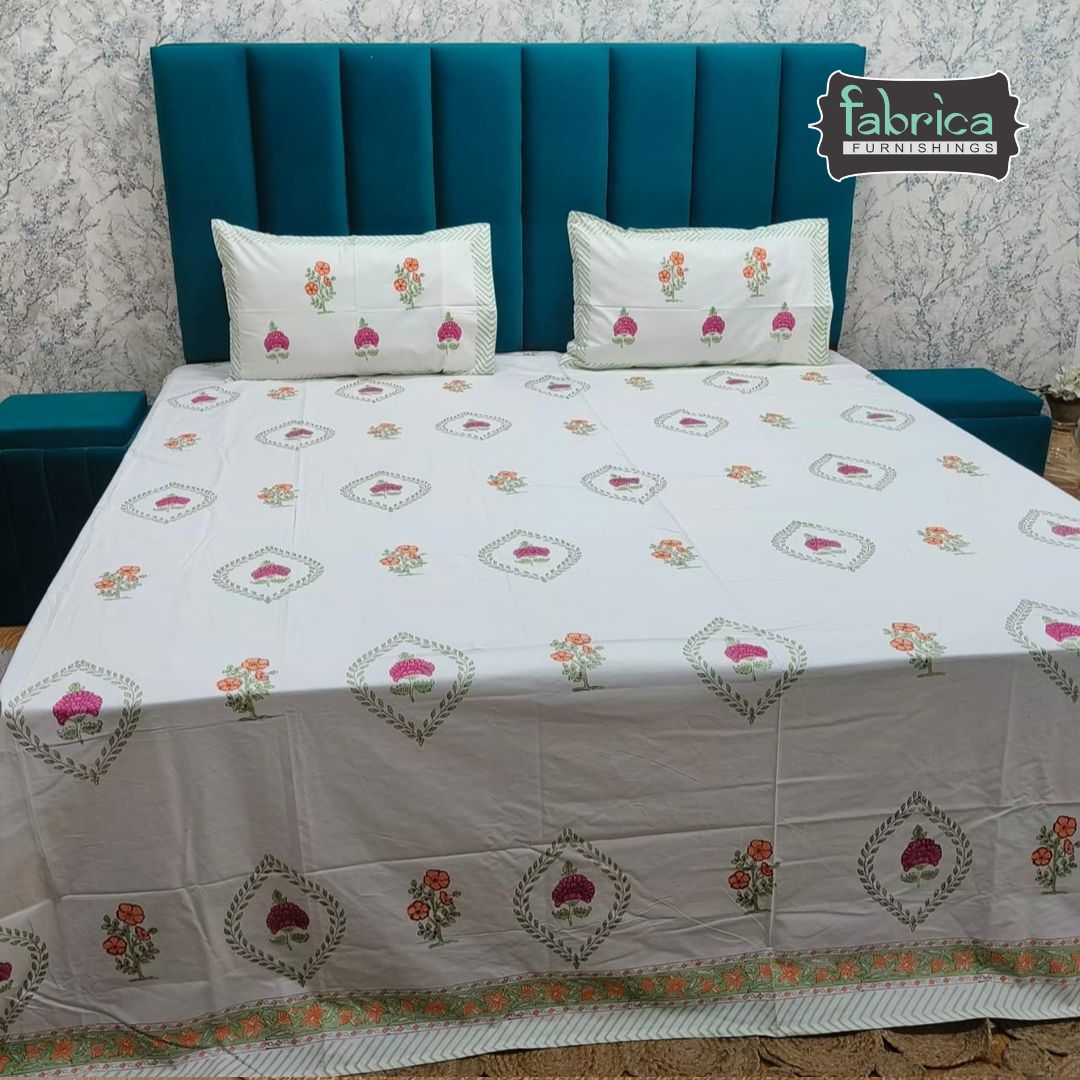 Percale Premium Floral Motif Hand Block Printed Super King-Size Cotton Bedsheet