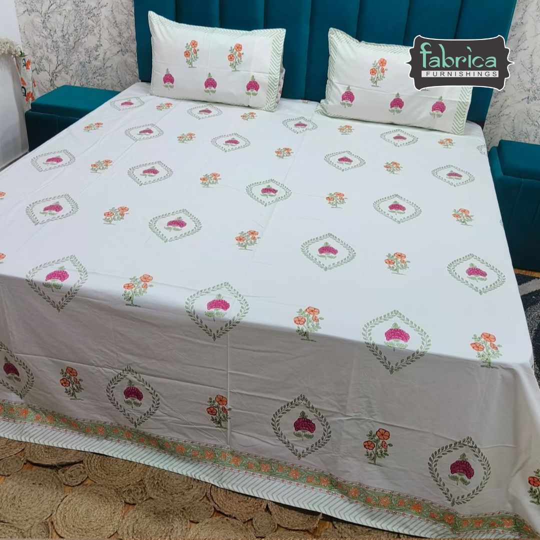 Percale Premium Floral Motif Hand Block Printed Super King-Size Cotton Bedsheet