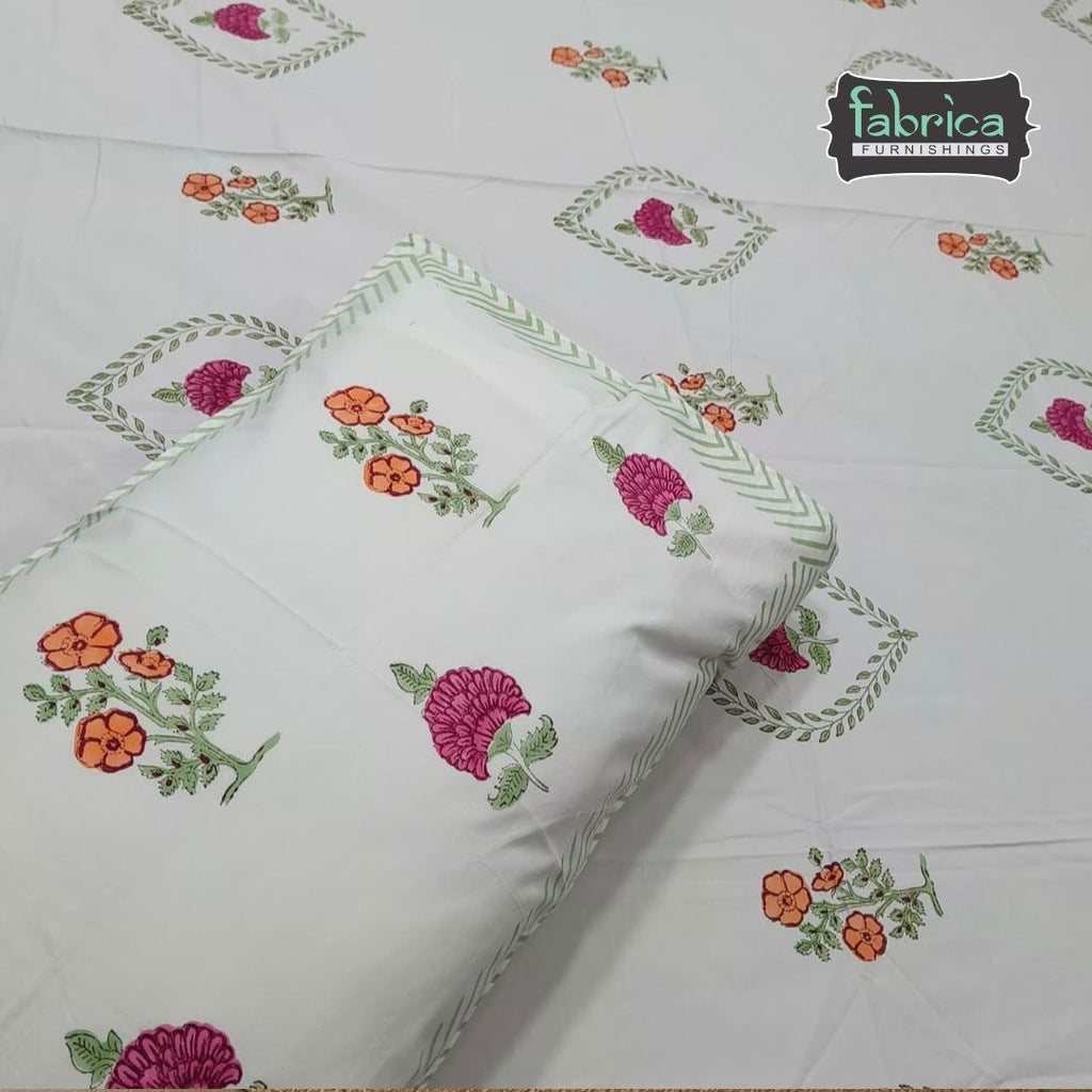 Percale Premium Floral Motif Hand Block Printed Super King-Size Cotton Bedsheet