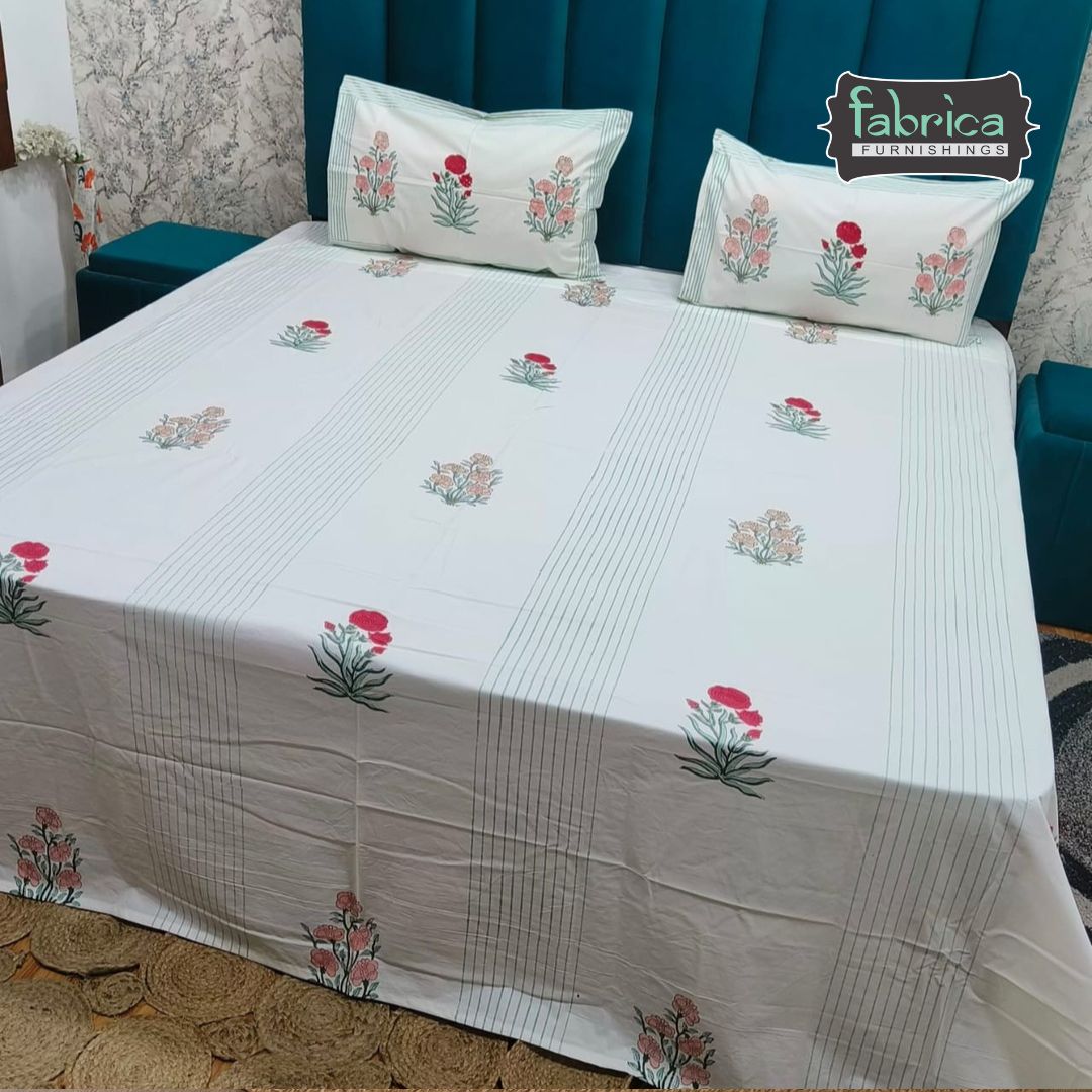 Percale Premium Floral Hand Block Printed Cotton Super King-Size Bedsheet (400TC)