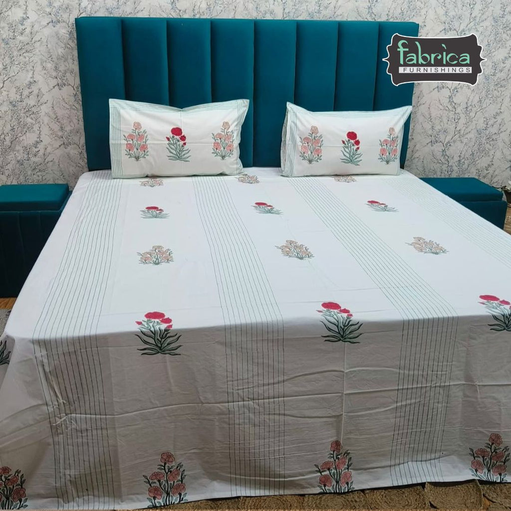 Percale Premium Floral Hand Block Printed Cotton Super King-Size Bedsheet (400TC)