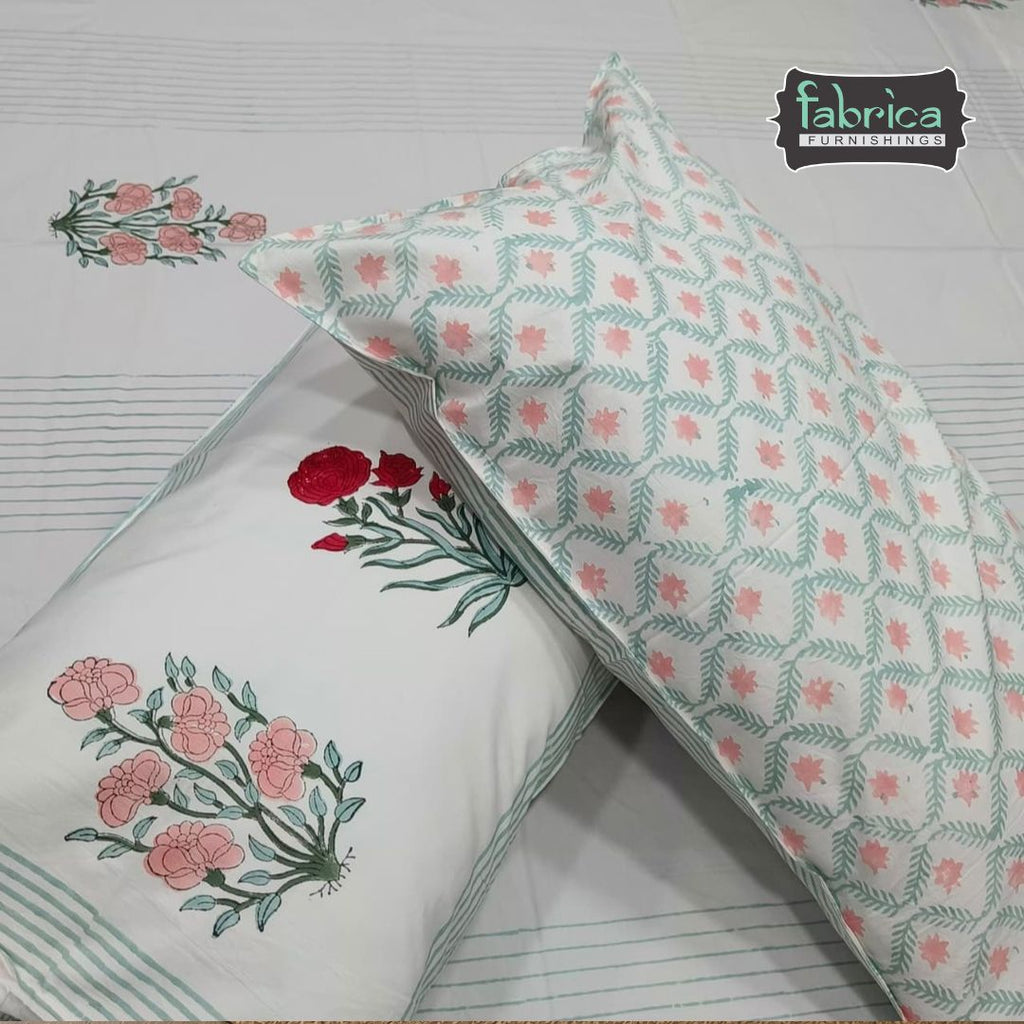 Percale Premium Floral Hand Block Printed Cotton Super King-Size Bedsheet (400TC)