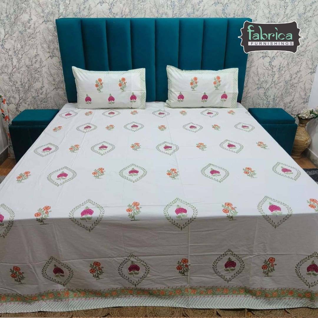 Percale Premium Floral Motif Hand Block Printed Super King-Size Cotton Bedsheet