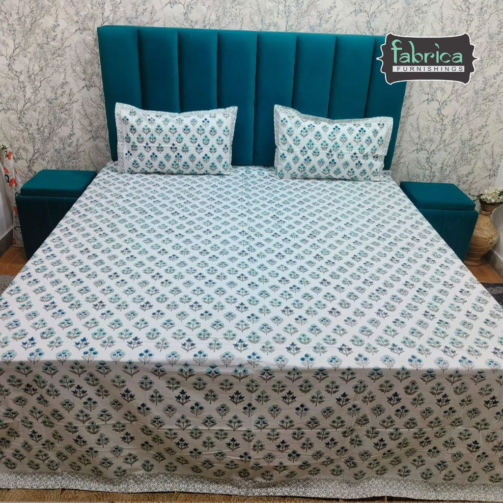 Percale Premium Geometric Floral Hand Block Printed Super King-Size Cotton Bedsheet