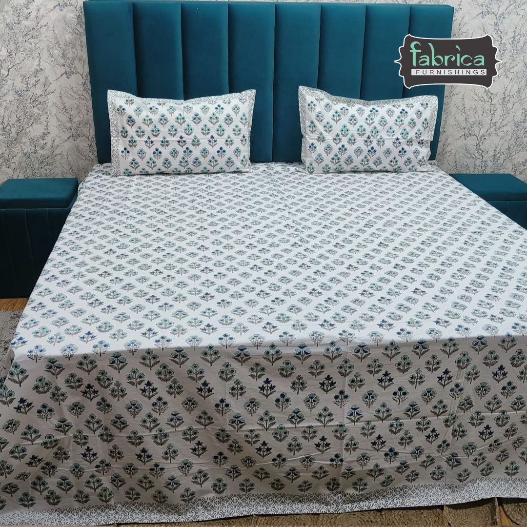 Percale Premium Geometric Floral Hand Block Printed Super King-Size Cotton Bedsheet
