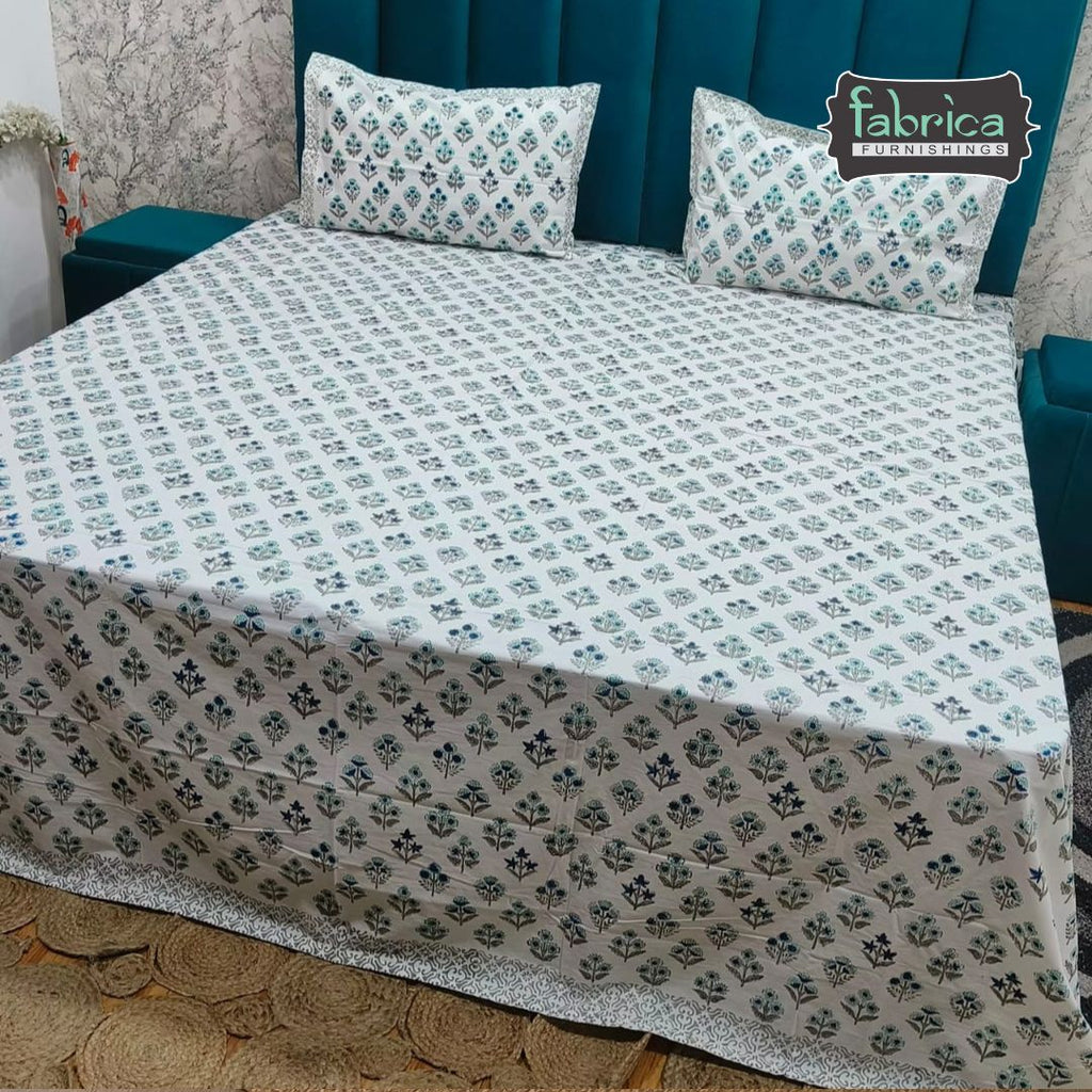Percale Premium Geometric Floral Hand Block Printed Super King-Size Cotton Bedsheet