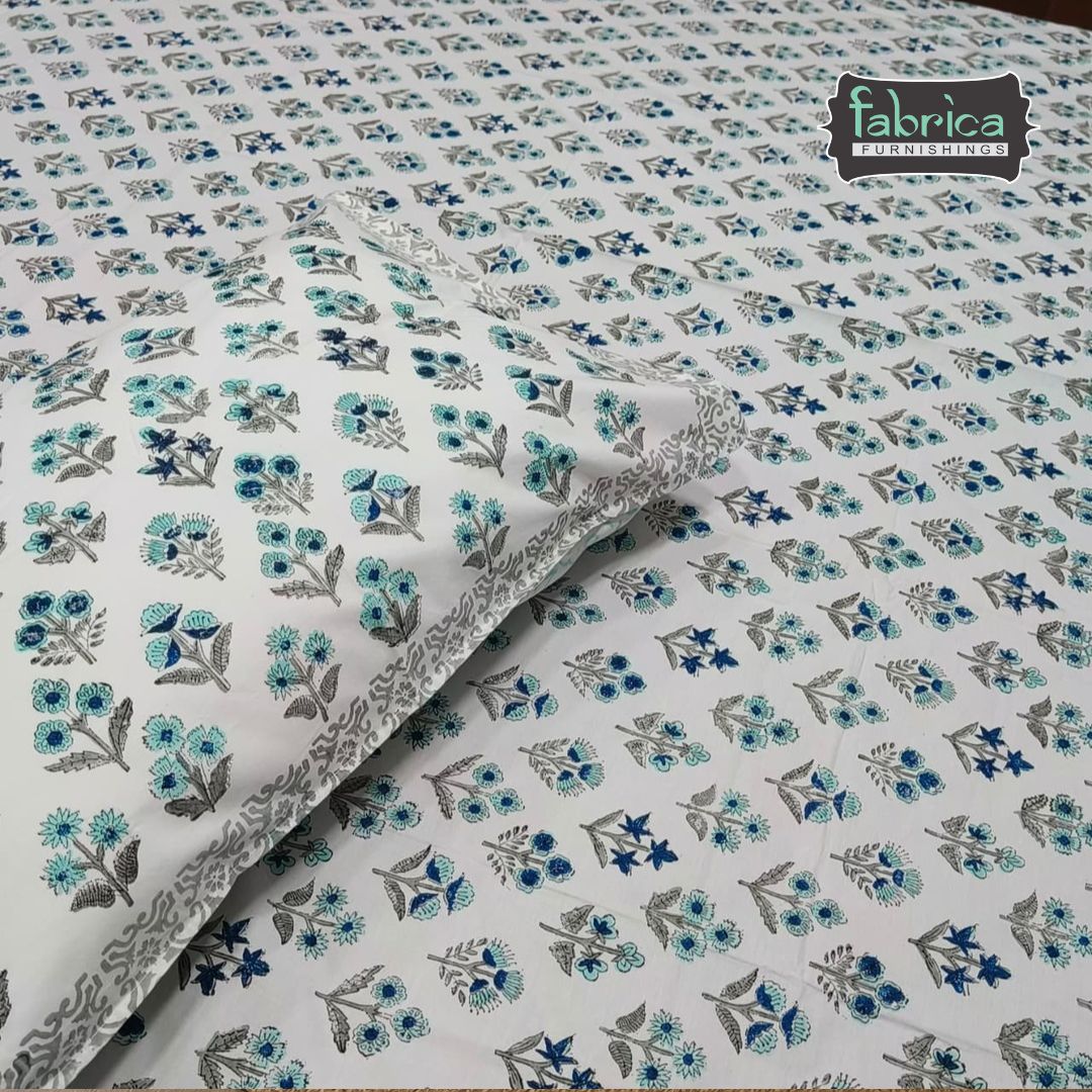 Percale Premium Geometric Floral Hand Block Printed Super King-Size Cotton Bedsheet