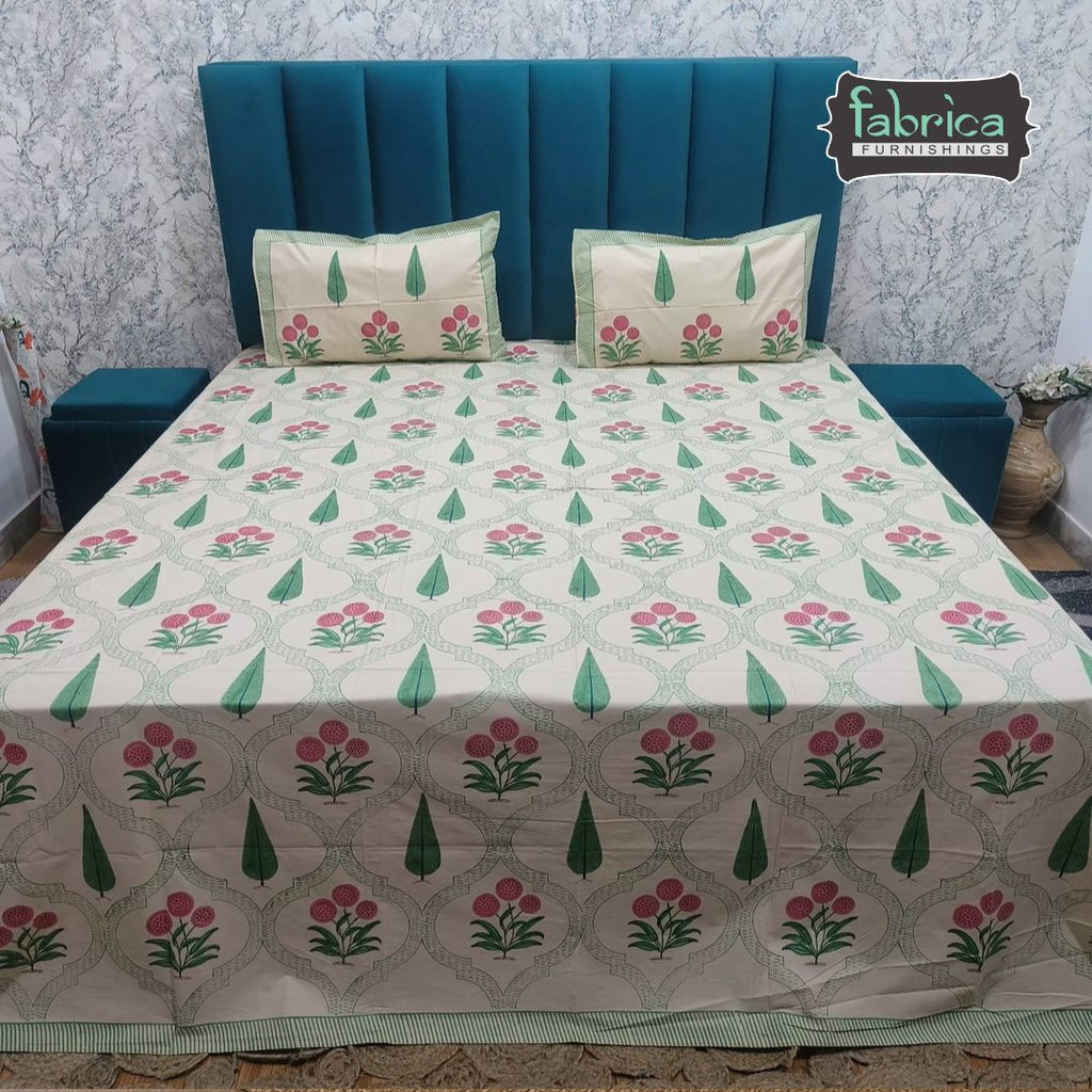 Percale Premium Floral Jaali Hand Block Printed Super King-Size Cotton Bedsheet