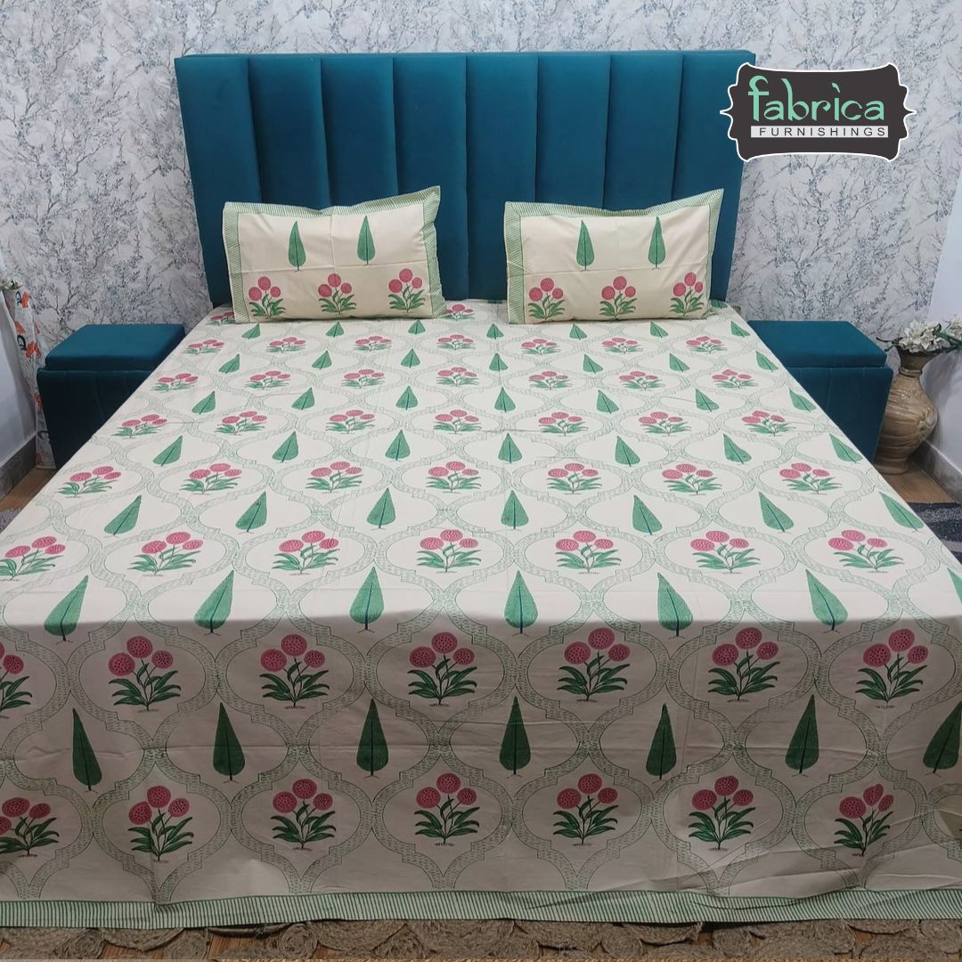 Percale Premium Floral Jaali Hand Block Printed Super King-Size Cotton Bedsheet