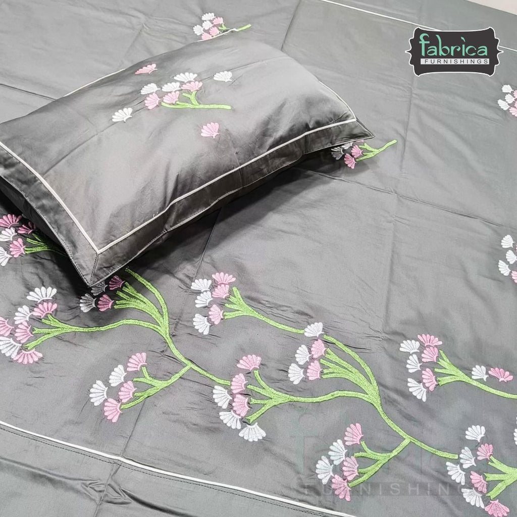 Fabrica Elegant Grey Floral Embroidered Cotton King Size Bedsheet