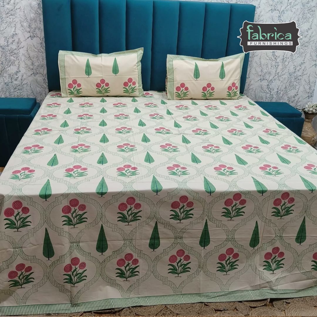 Percale Premium Floral Jaali Hand Block Printed Super King-Size Cotton Bedsheet