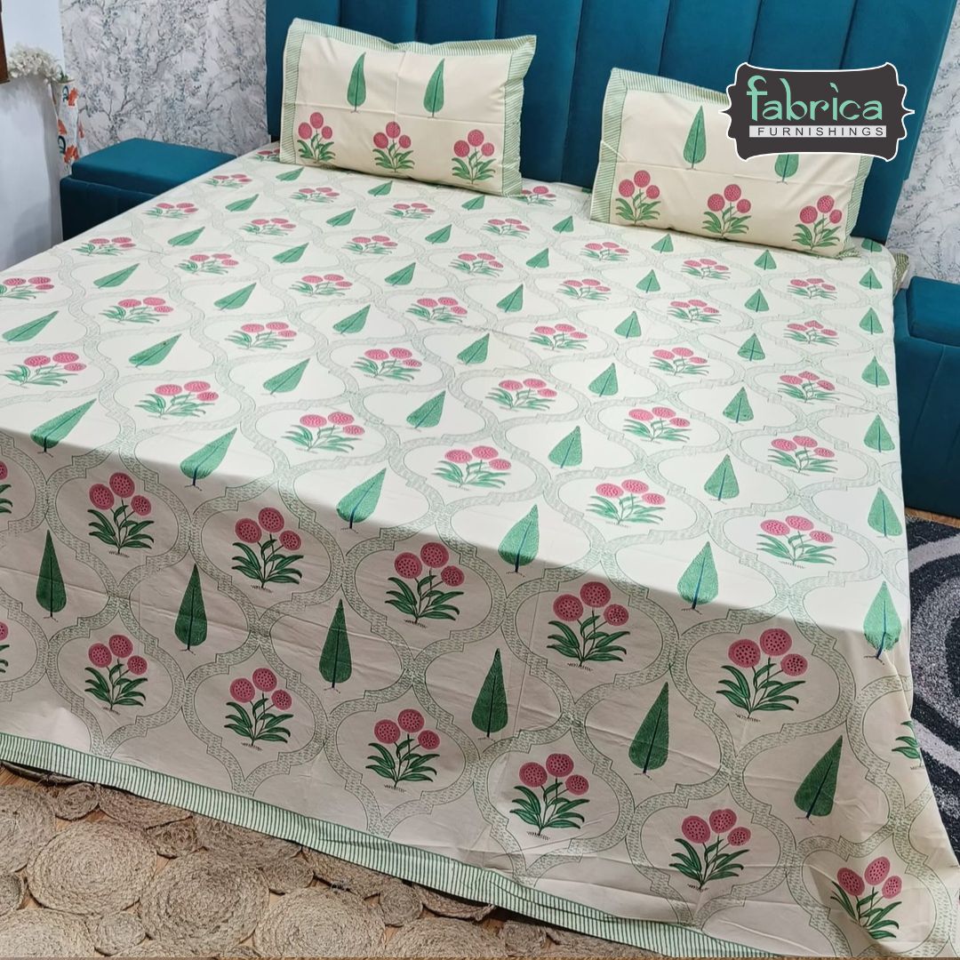 Percale Premium Floral Jaali Hand Block Printed Super King-Size Cotton Bedsheet