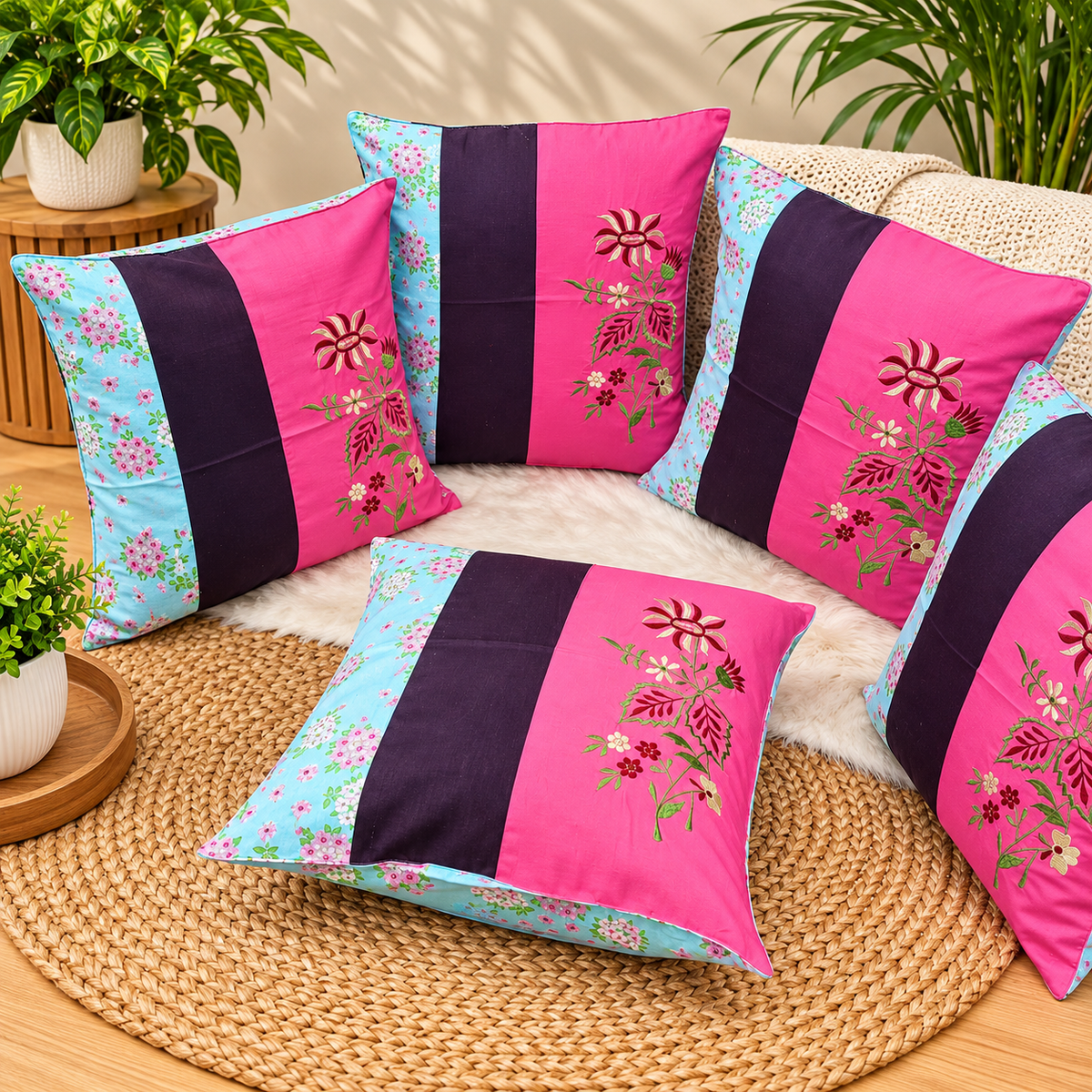 Mix & Match Pure Cotton  Embroidered Cushion Covers (Set of 5 Pcs )