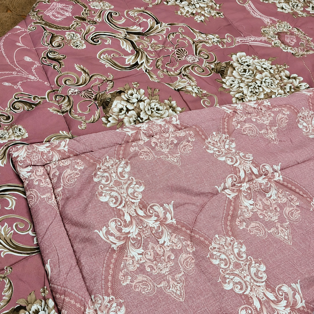 Tencel Premium Mauve Pink & Cream Floral Medallion Printed Double Bed Comforter