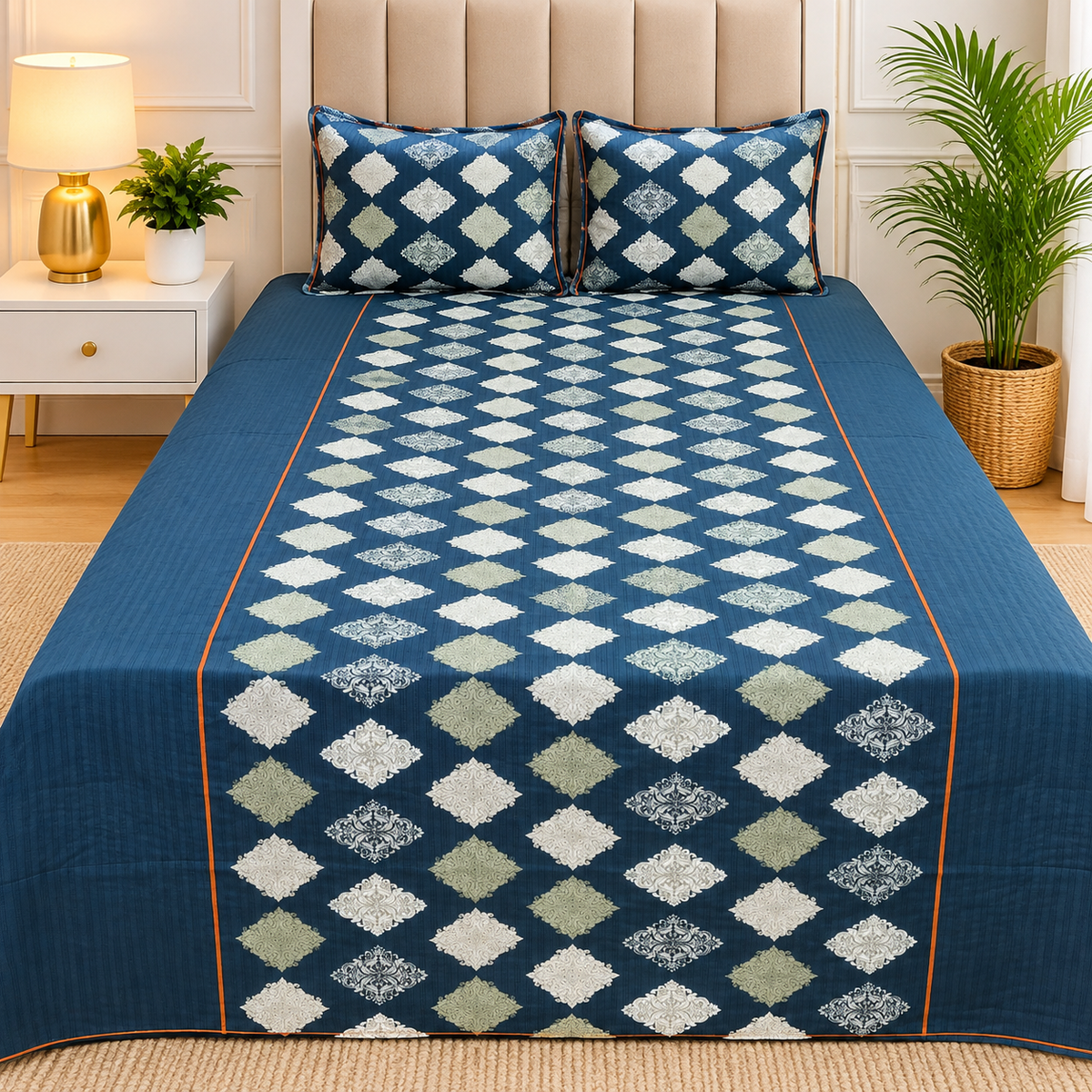 Rustic Bloom Premium Navy Blue & Ivory Medallion Printed Diwan Set with 2 Pillow Covers