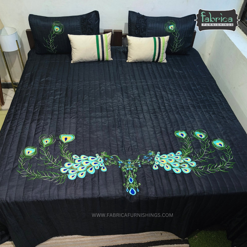 Peacock Feather Designer King Size Double Bed Cover Embroidered