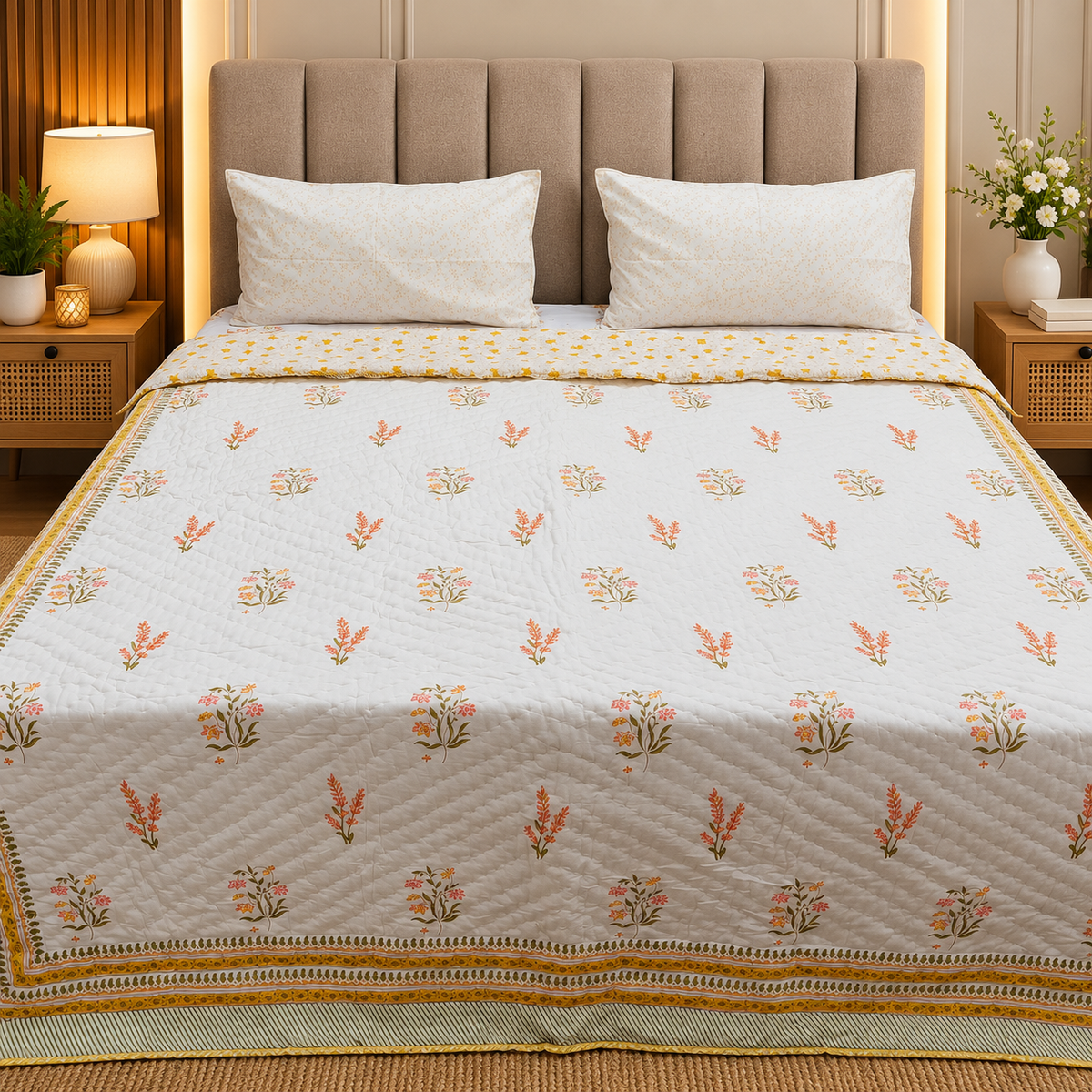 Rang Mahal Premium Ivory & Mustard Floral Printed Double Bed Pure Mul Cotton AC Quilt