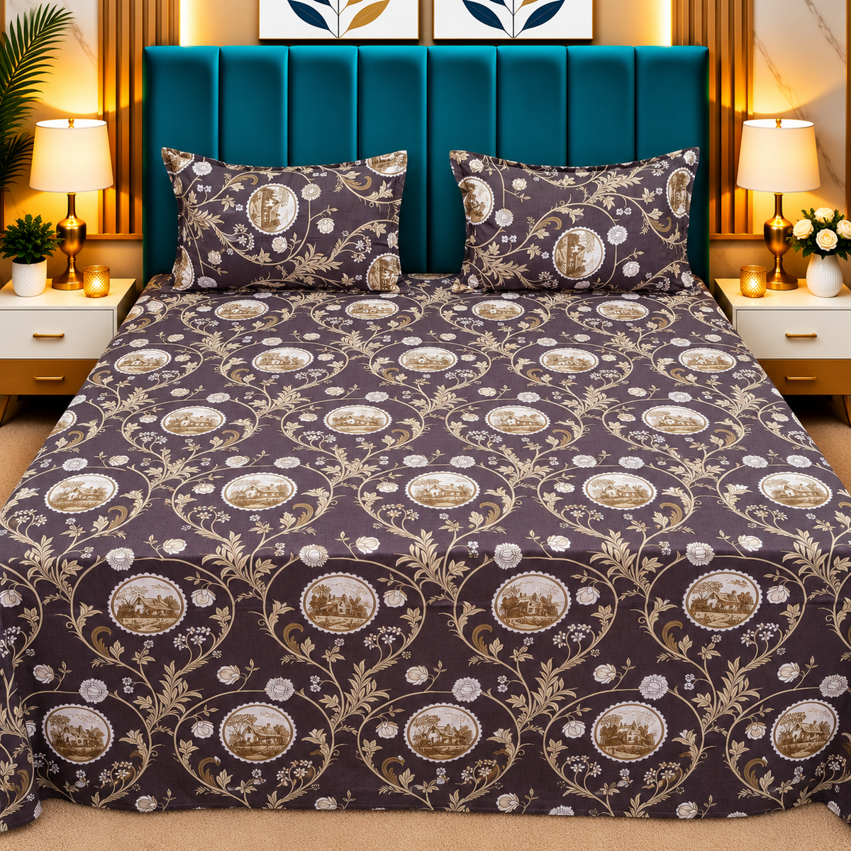 Procian Premium Dark Brown & Beige Paisley Printed Pure Cotton Queen-Size Bedsheet