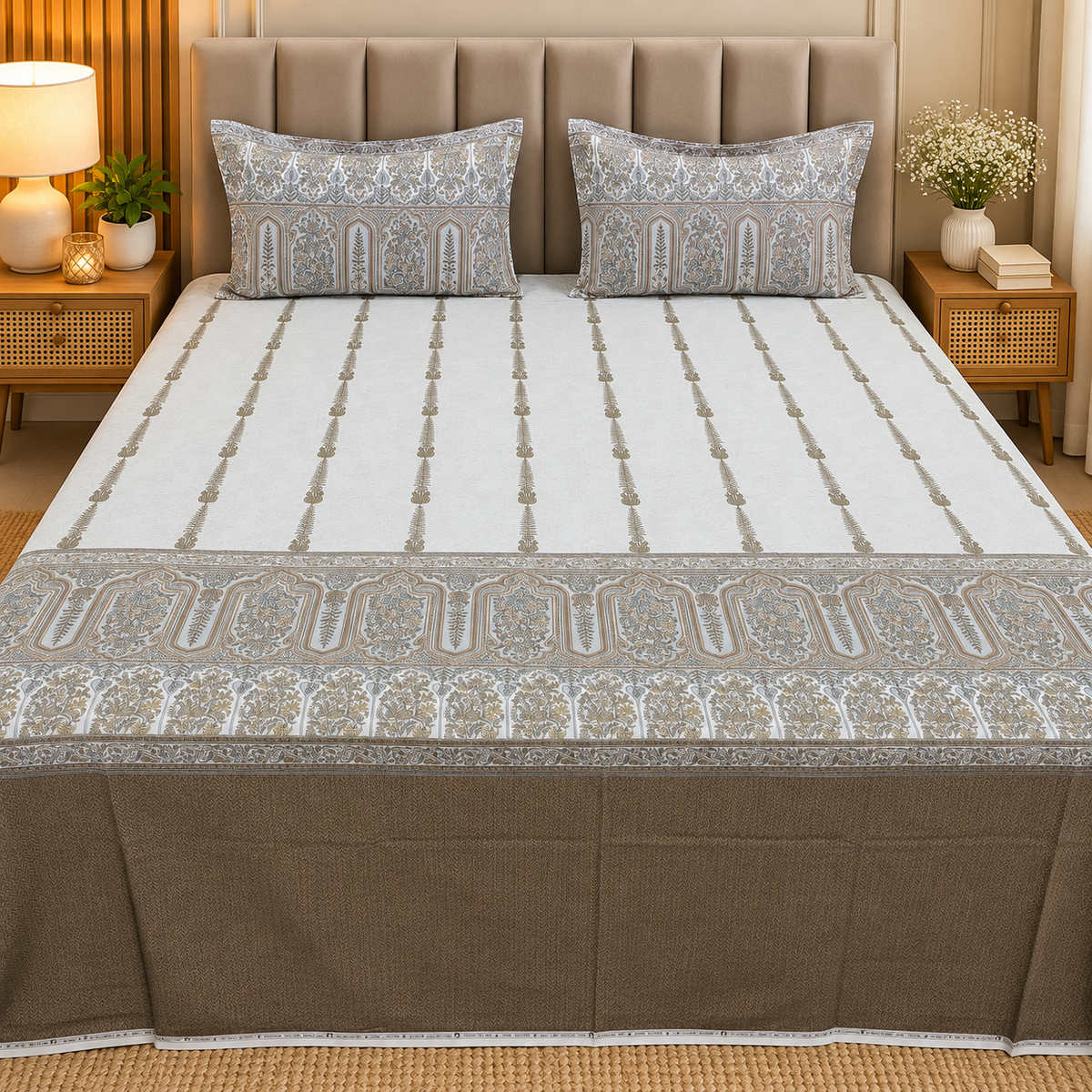 Artistry of India Premium Taupe & White Printed Pure Cotton King Size Bedsheet Set