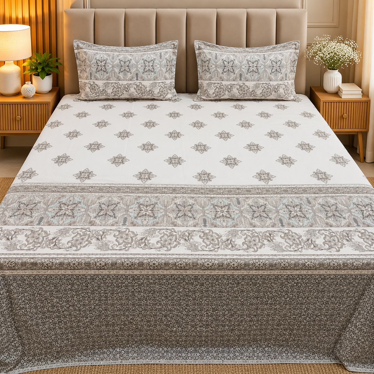 Artistry of India Premium Grey & White Floral Printed Pure Cotton King Size Bedsheet Set