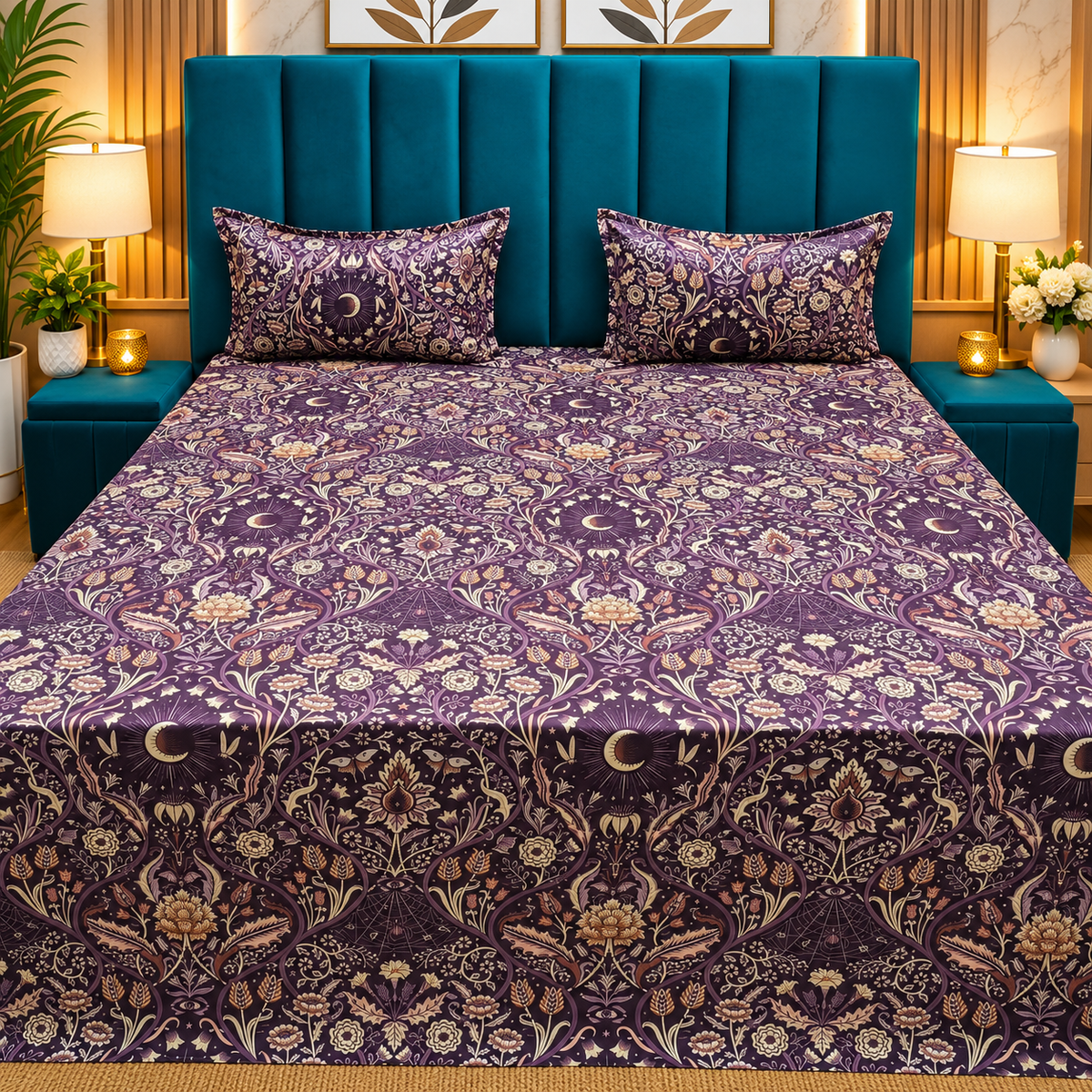 Procian Premium Purple & Beige Floral Printed Pure Cotton King-Size Bedsheet