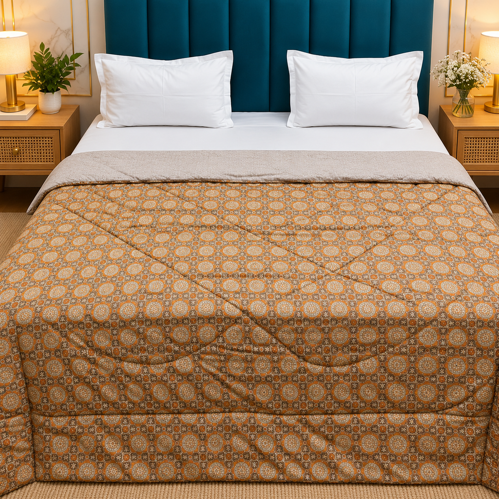 Tencel Premium Mustard & Brown Medallion Printed Double Bed Comforter