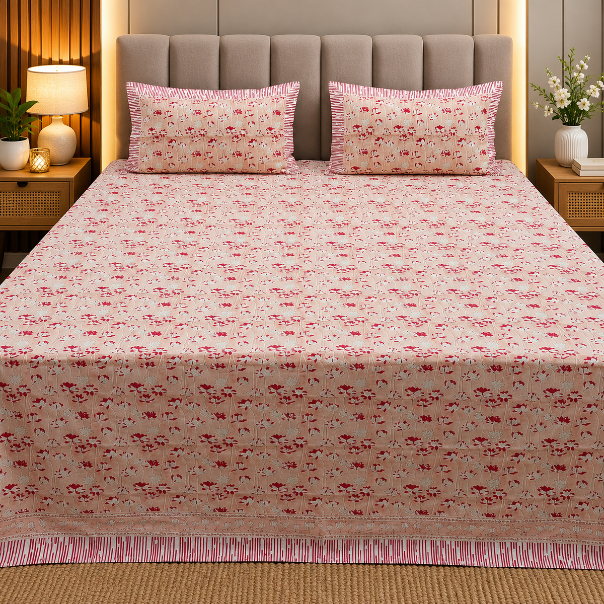 Percale Premium Peach Floral Hand Block Printed Super King-Size Cotton Bedsheet (400TC)