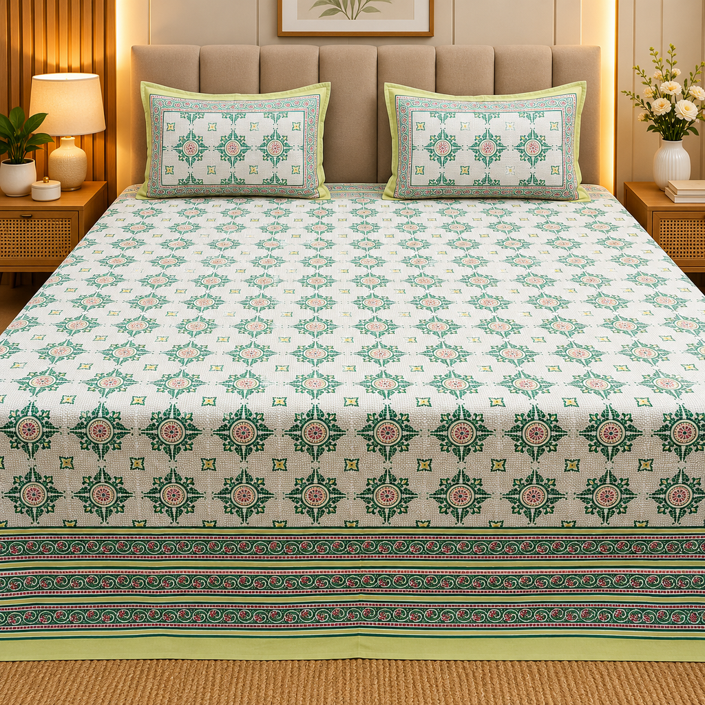 Sapphire Ethnic Printed Pure Cotton Kingsize Bed Sheets With Quilted Pillow Cover