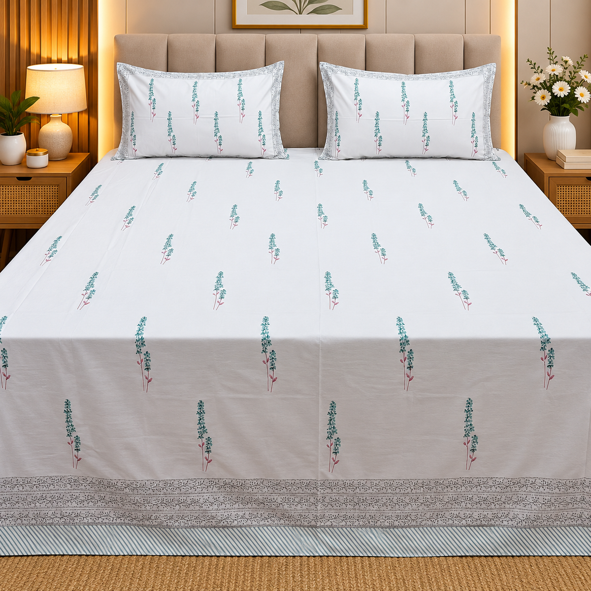 Percale Premium Cotton Hand block Printed Super King-size Bedsheet (300TC)