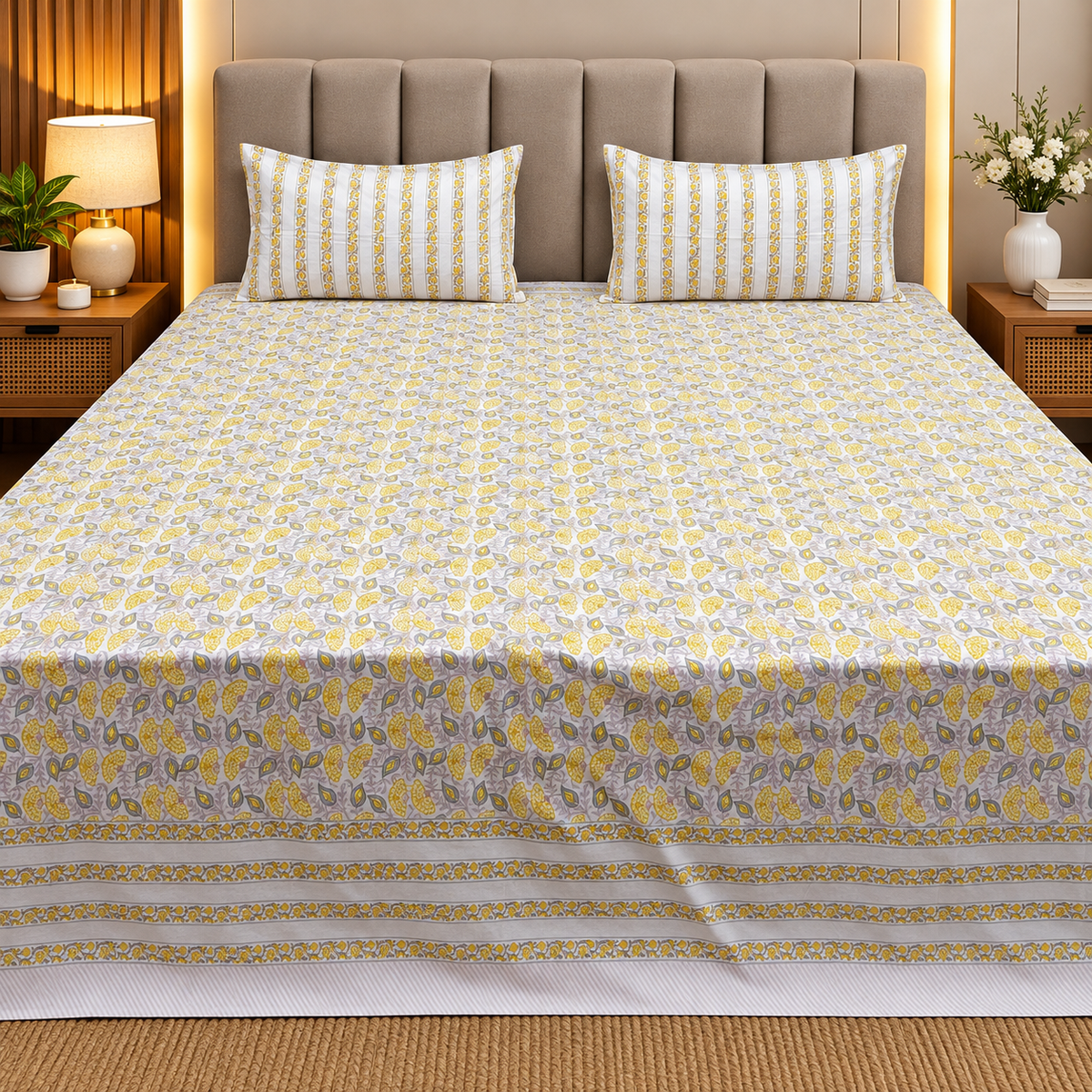 Percale Premium Cotton Hand block Printed Super King-size Bedsheet (400TC)