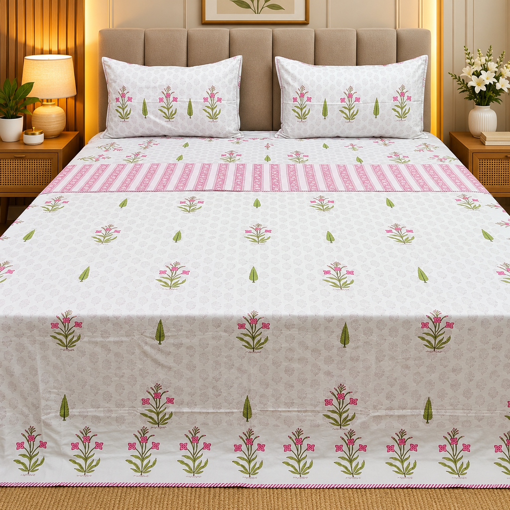 Saanjh HandBlock Printed Mul Mul cotton 4 pcs Bedding Set