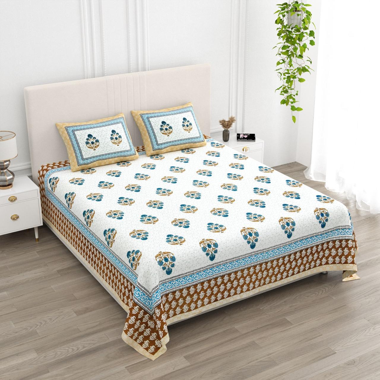 Anarkali Handblock Printed Pure Cotton King Size Bedsheet Set