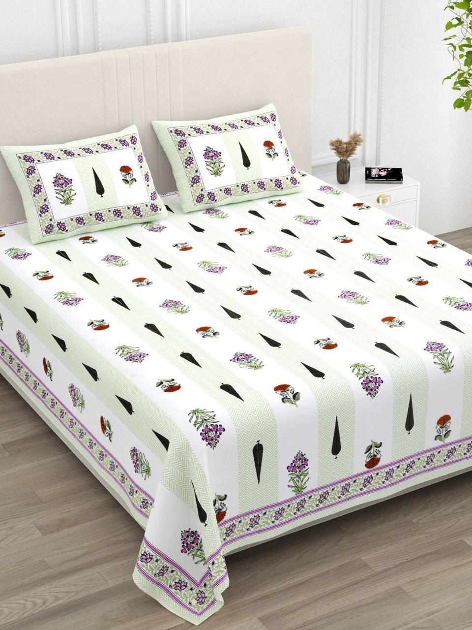 Anarkali Handblock Printed Pure Cotton King Size Bedsheet Set
