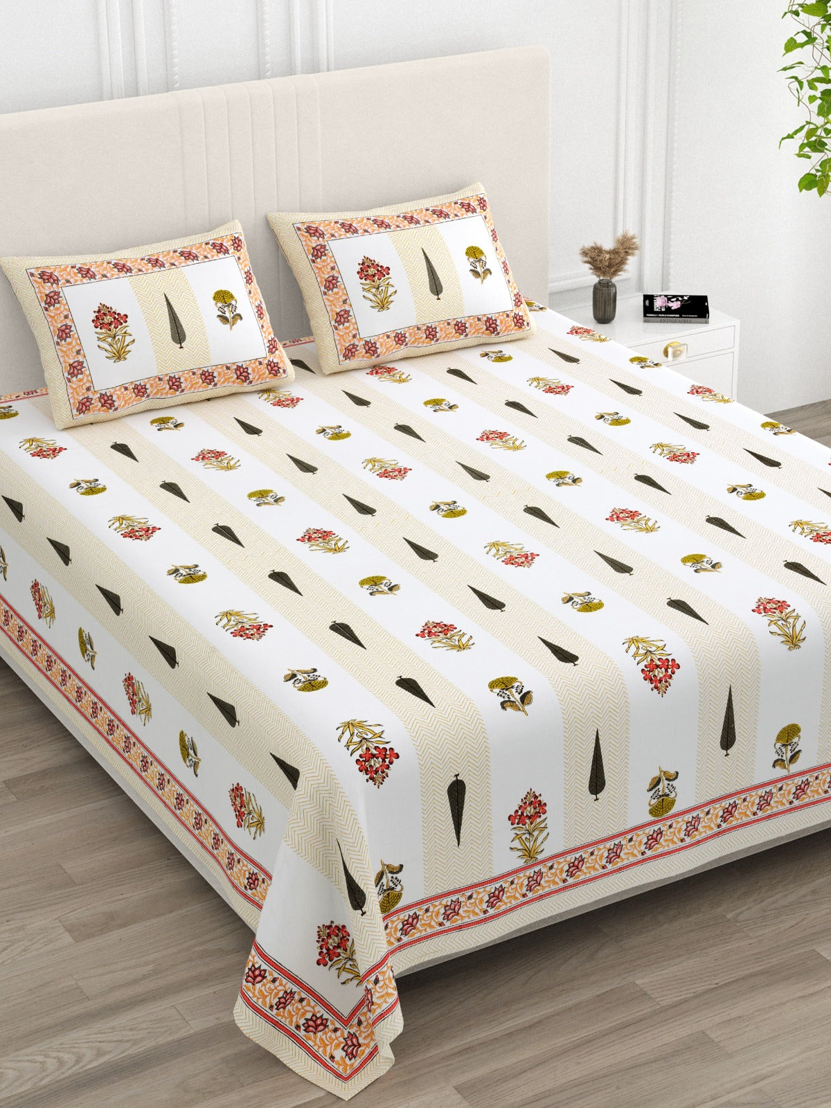 Anarkali Handblock Printed Pure Cotton King Size Bedsheet Set