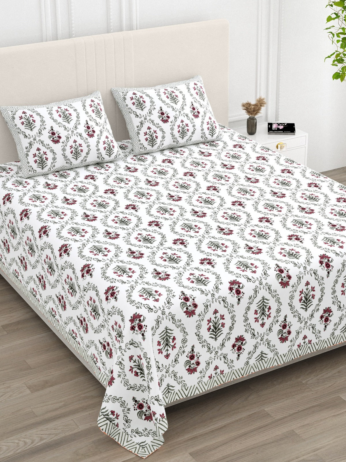 Anarkali Handblock Printed Pure Cotton King Size Bedsheet Set