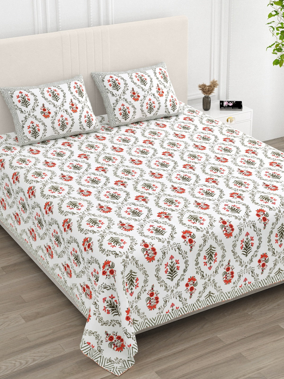 Anarkali Handblock Printed Pure Cotton King Size Bedsheet Set