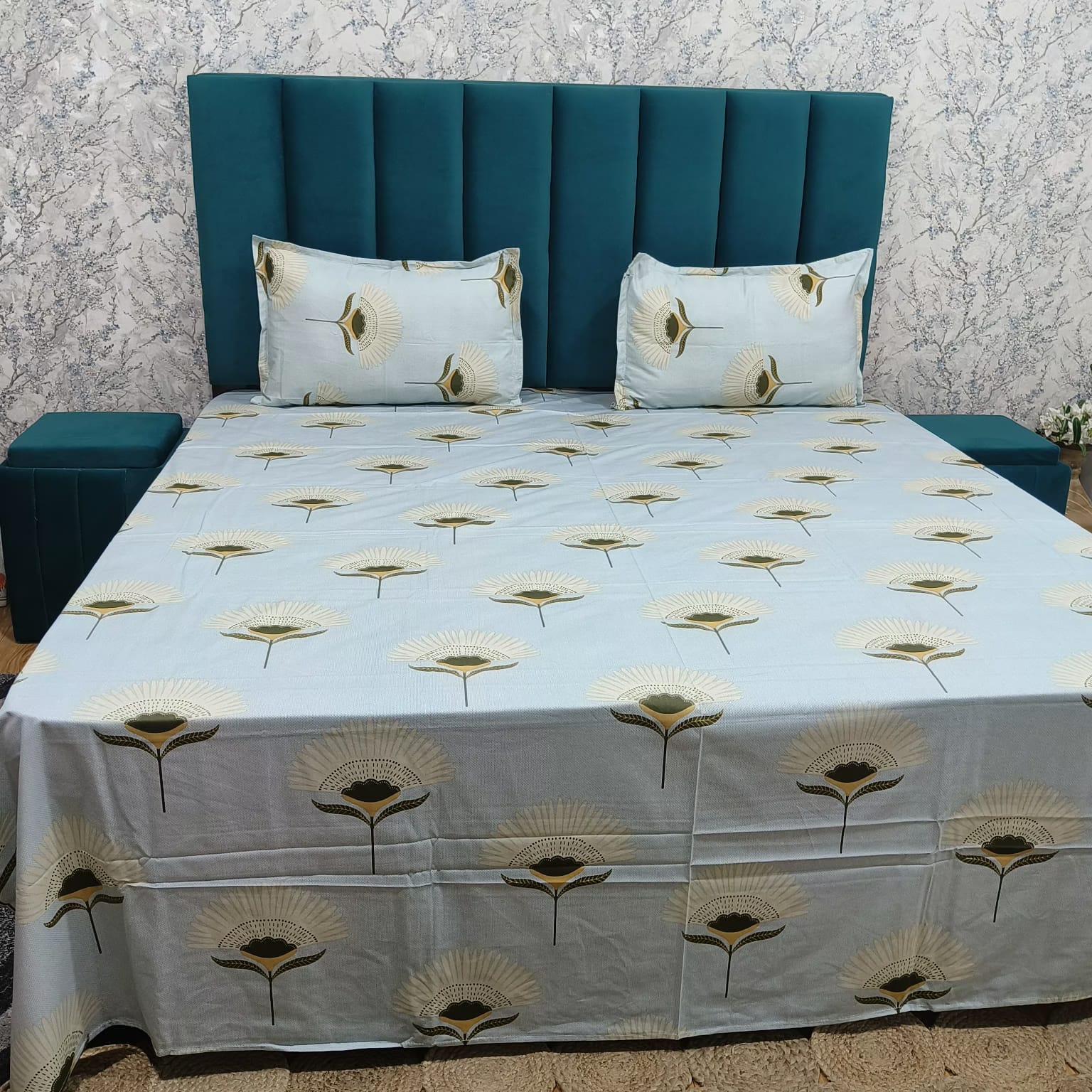 Petal Paradise Queen Size Pure Cotton Printed Bedsheet