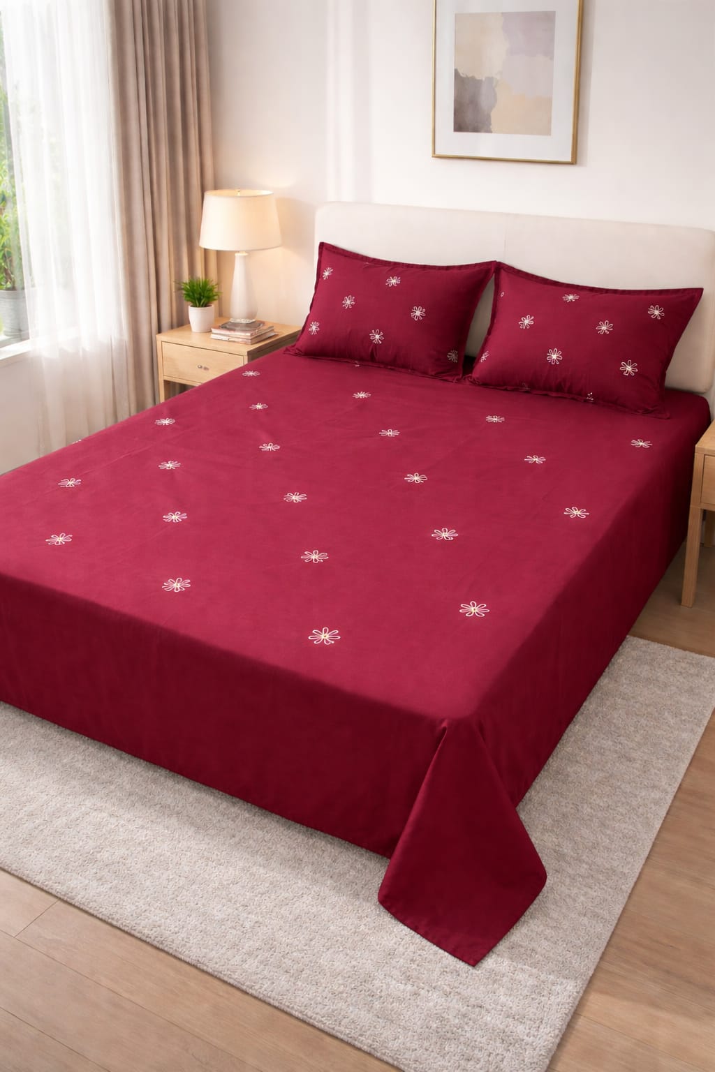 Floral Bloom Embroidered King Size Pure Cotton Bedsheet Set